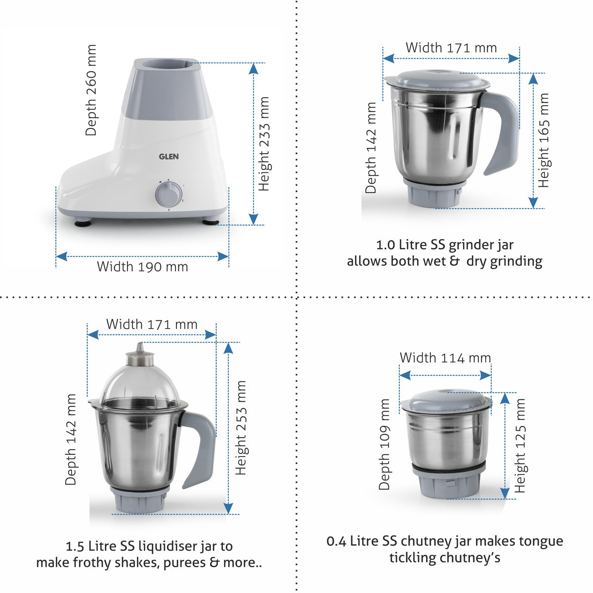 Glen 4025 750W Mixer Grinder with 3 Stainless Steel Jars