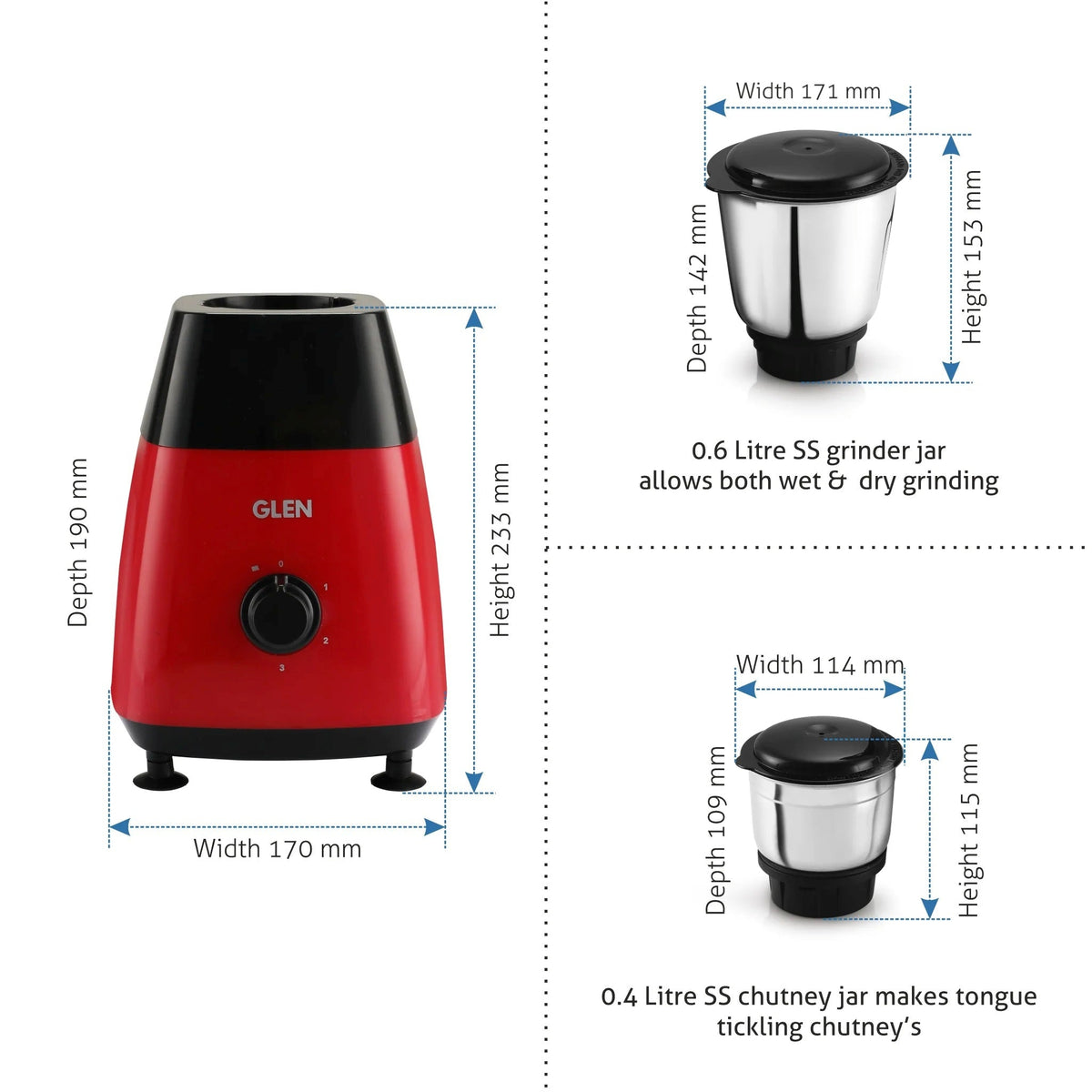 Glen 4023 500W Mixer Grinder with 2 Stainless Steel Jars