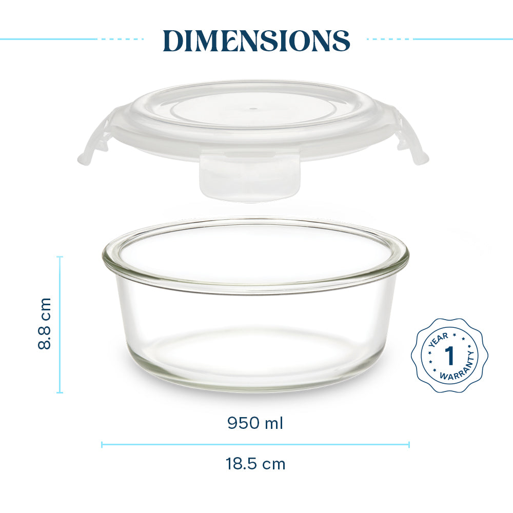 Borosil Klip N Store Round Glass Container (950 ml)