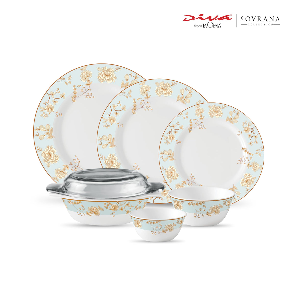 La Opala Diva Sovrana Medusa Gold Opalware Dinner Set (35 Pieces)