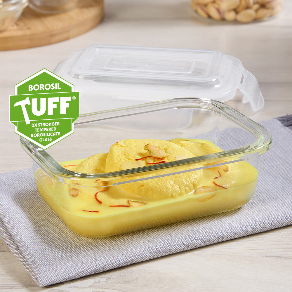 Borosil Klip N Store Rectangle Glass Container (370 ml)