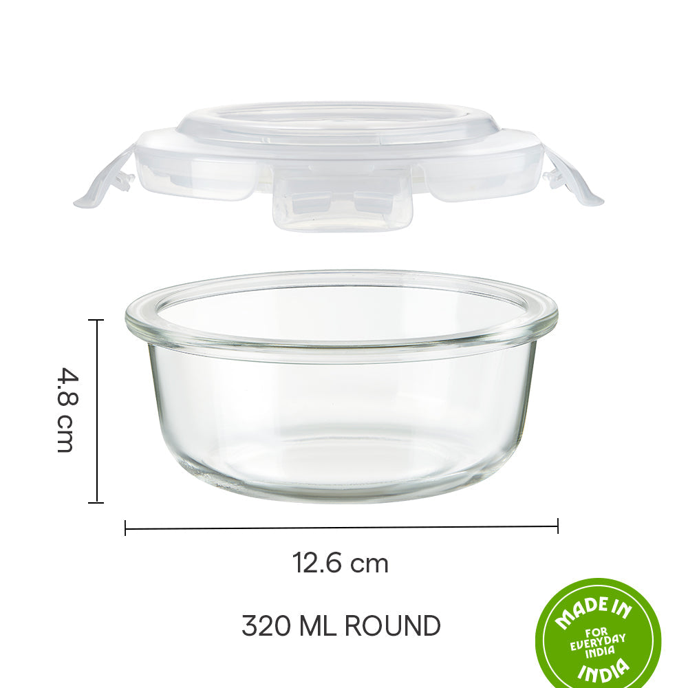 Borosil Klip N Store Round Glass Container (320 ml)