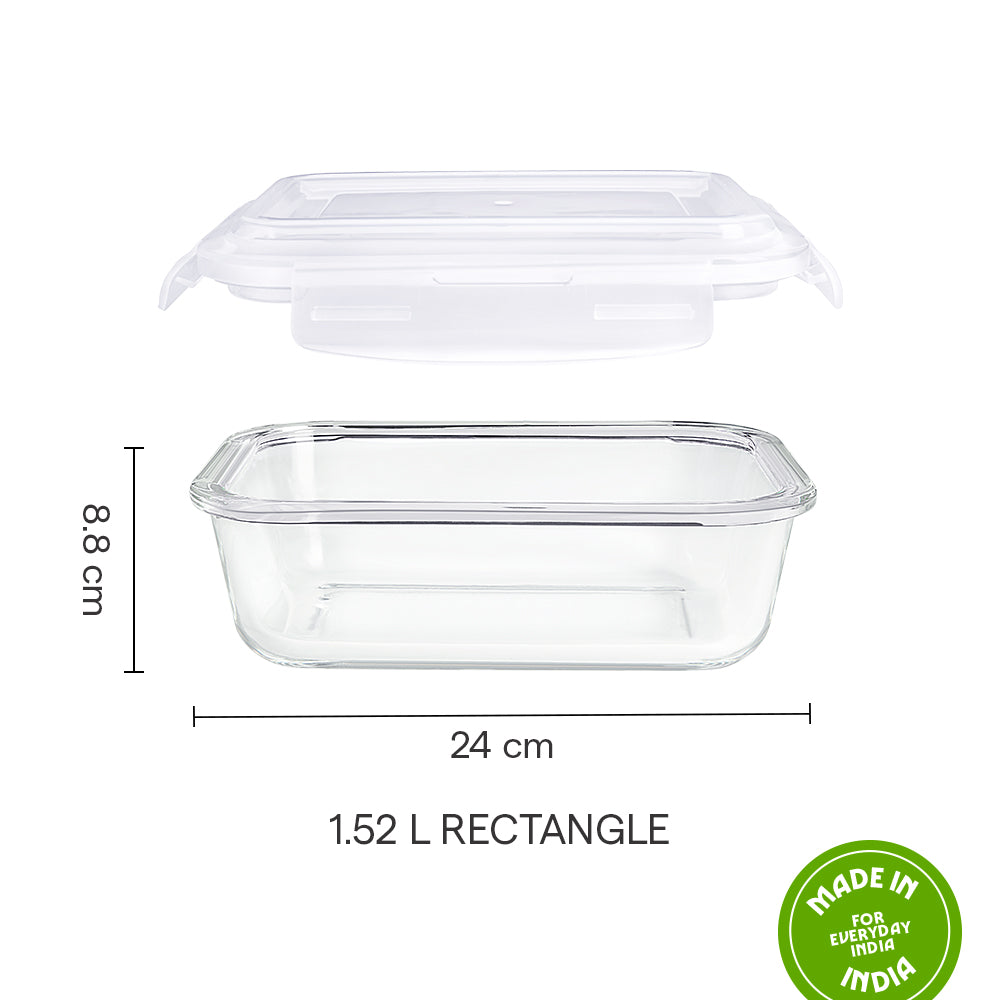 Borosil Klip N Store Rectangle Glass Container (1.52 L)