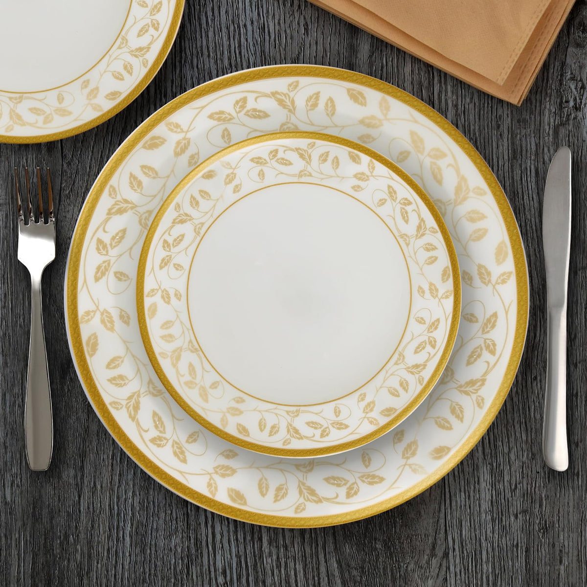 Cello Divine Amber Gold Opalware Dinner Set (27 Pieces)