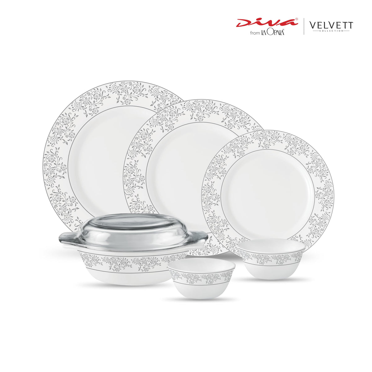La Opala Diva Velvett Aria Grey Opalware Dinner Set (35 Pieces)