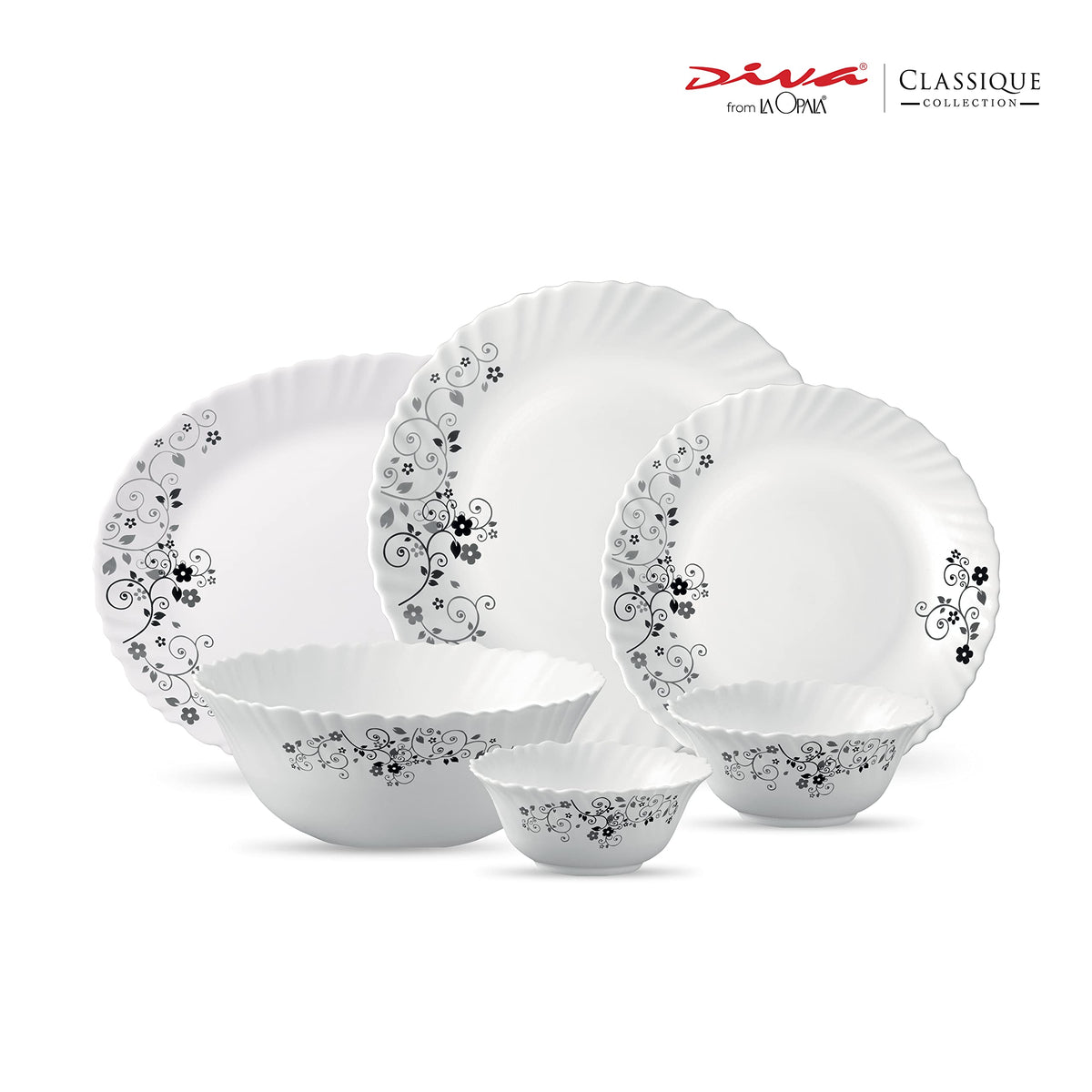 La Opala Diva Classique Mystrio Black Opalware Dinner Set (35 Pieces)