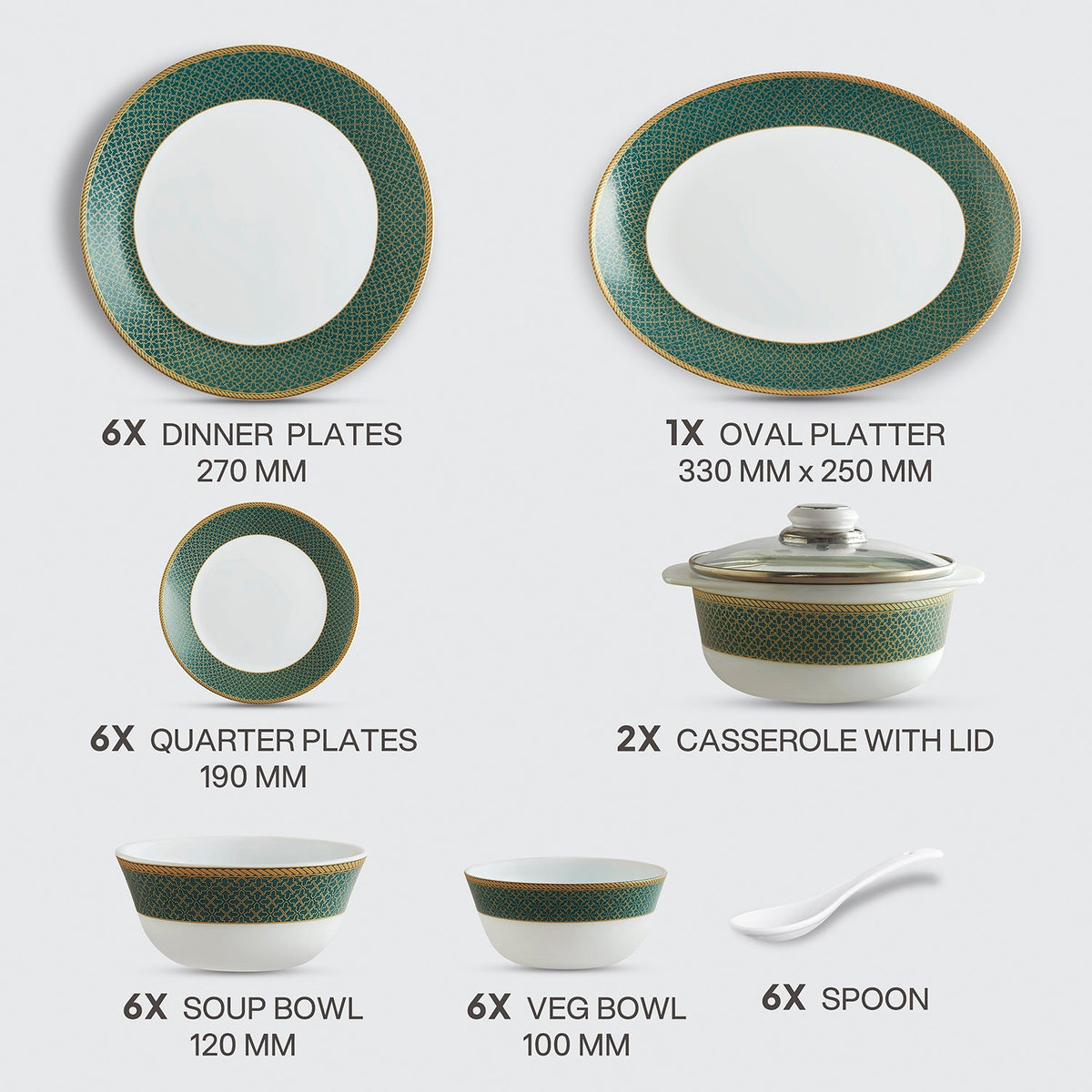 Cello Solitaire Emerald Opalware Dinner Set (35 Pieces)