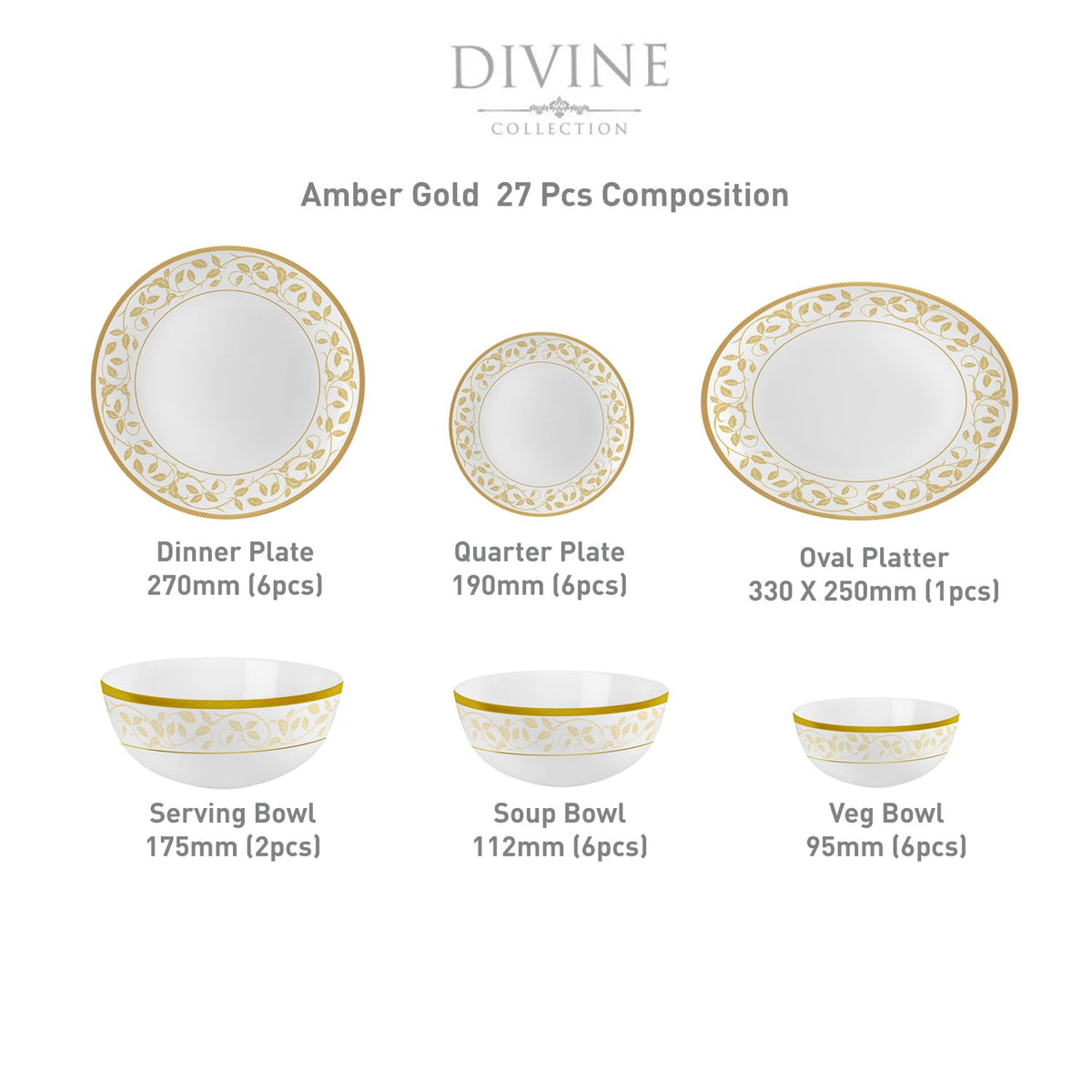 Cello Divine Amber Gold Opalware Dinner Set (27 Pieces)