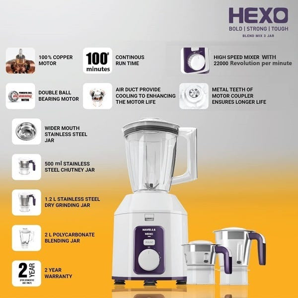Hexo 1000W Mixer Grinder with 3 Jars