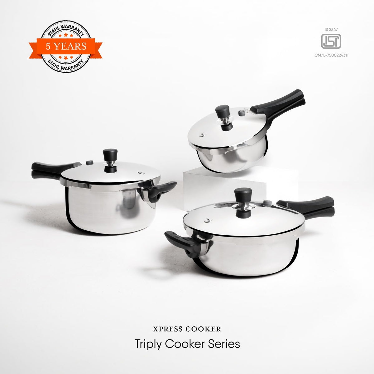 Stahl Xpress Triply Stainless Steel Pressure Cooker 3L Tall ISI Certified Induction & Gas Compatible