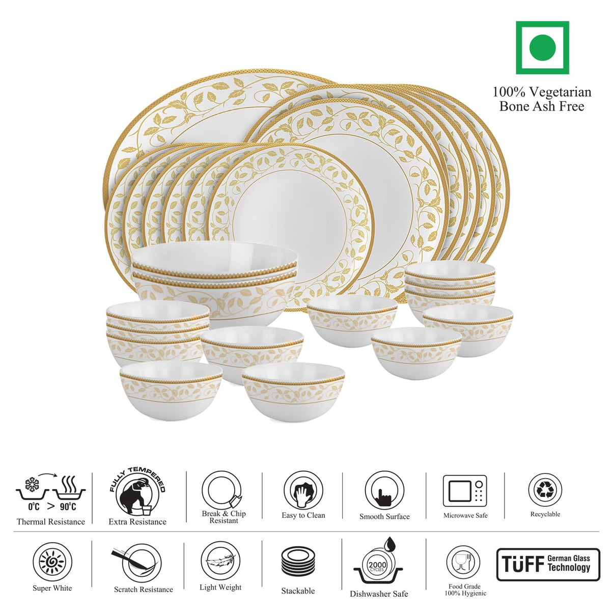Cello Divine Amber Gold Opalware Dinner Set (27 Pieces)