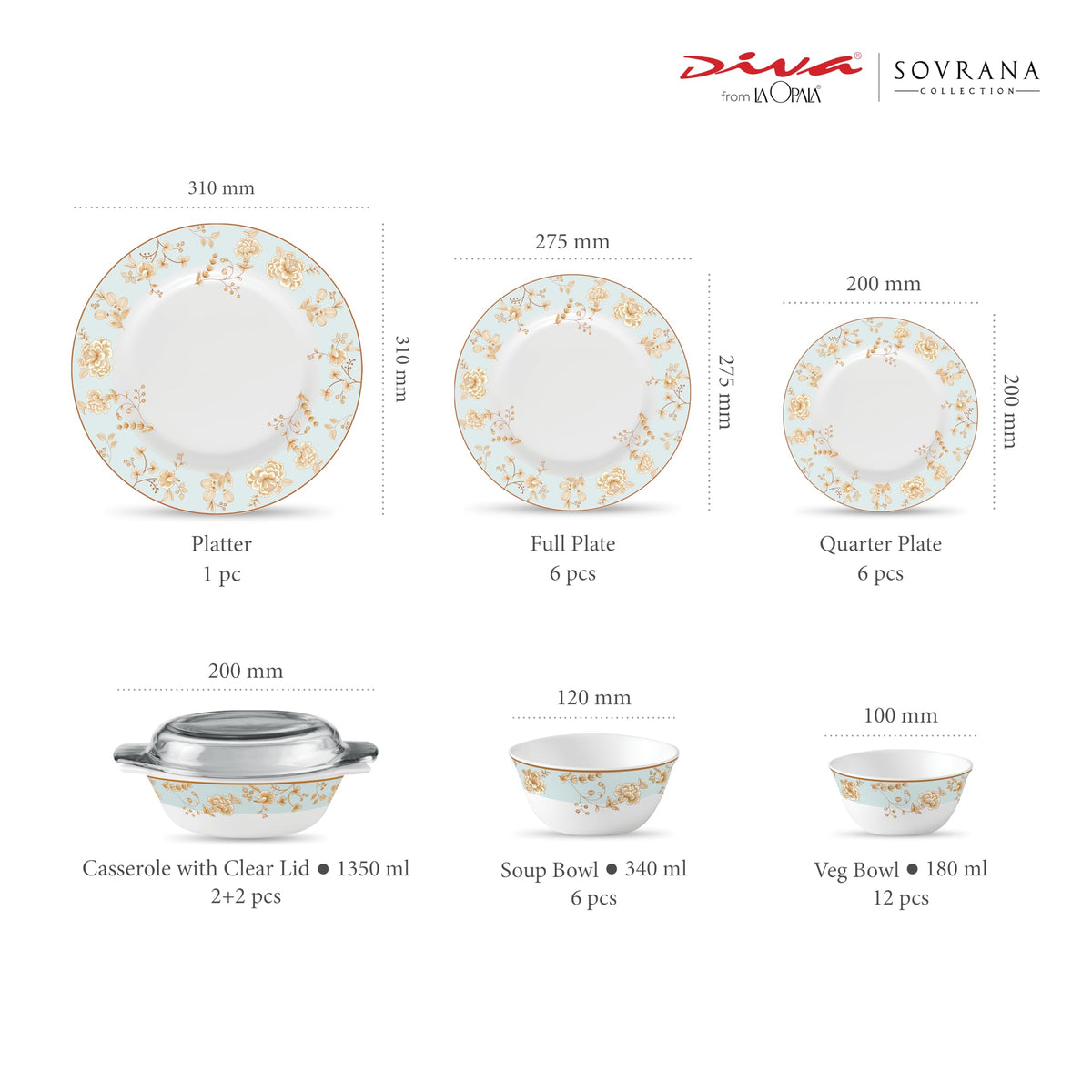 La Opala Diva Sovrana Medusa Gold Opalware Dinner Set (35 Pieces)