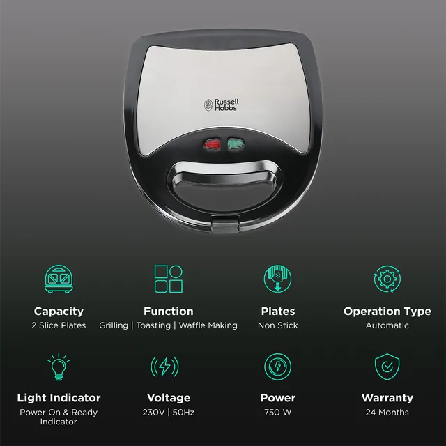 Russell Hobbs 3-in-1 Sandwich Maker (Black & Silver, 750W)