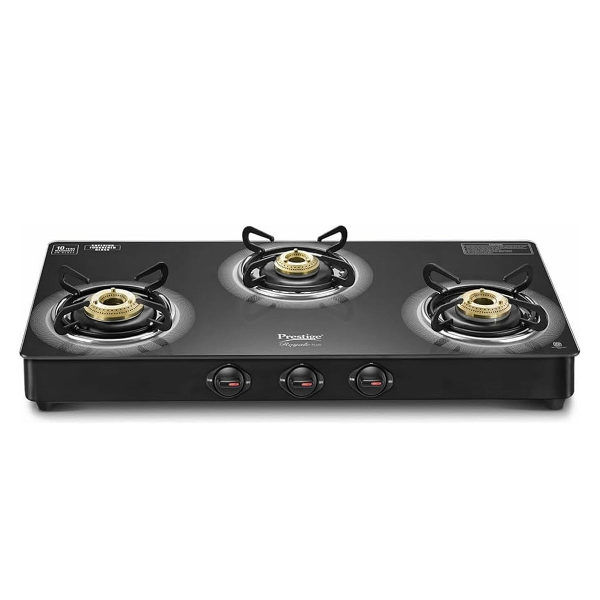 Prestige Royale Plus Glass Top Gas Stove (3 Burner, Manual Ignition)