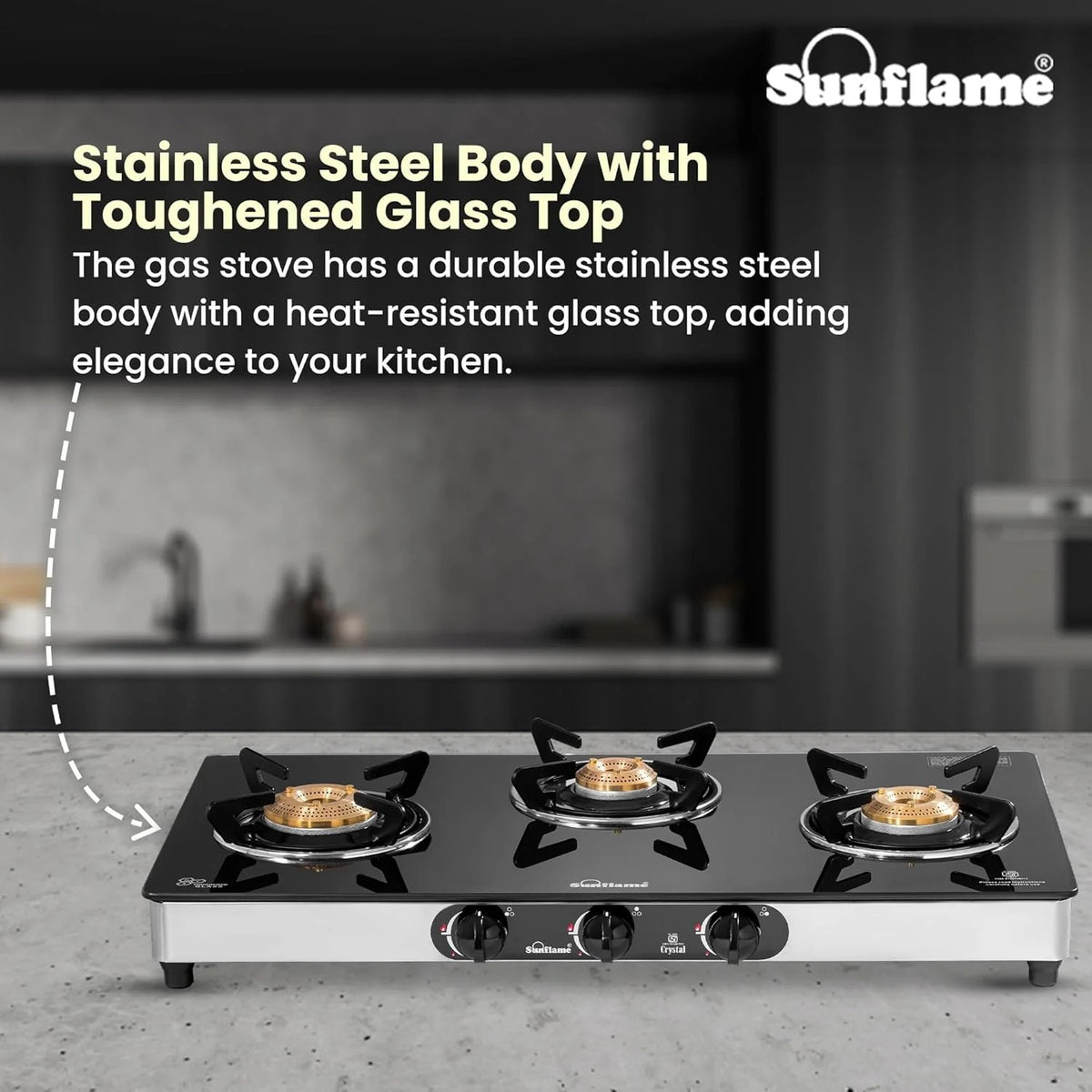 Sunflame Crystal Toughened Glass Top Gas Stove (3 Burner, Manual Ignition)