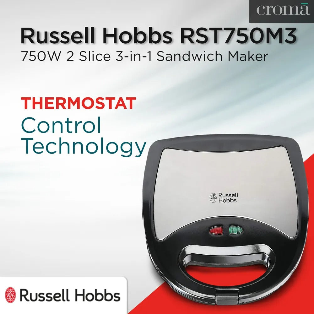 Russell Hobbs 3-in-1 Sandwich Maker (Black & Silver, 750W)