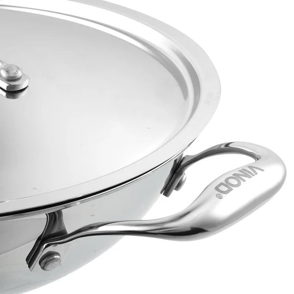 Vinod Platinum Triply Stainless Steel Kadai with Lid, Induction Friendly (12 L)