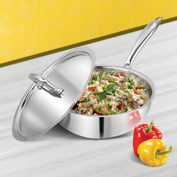 Vinod Platinum Triply Stainless Steel Deep Frypan with Lid, Induction Friendly (22 cm)