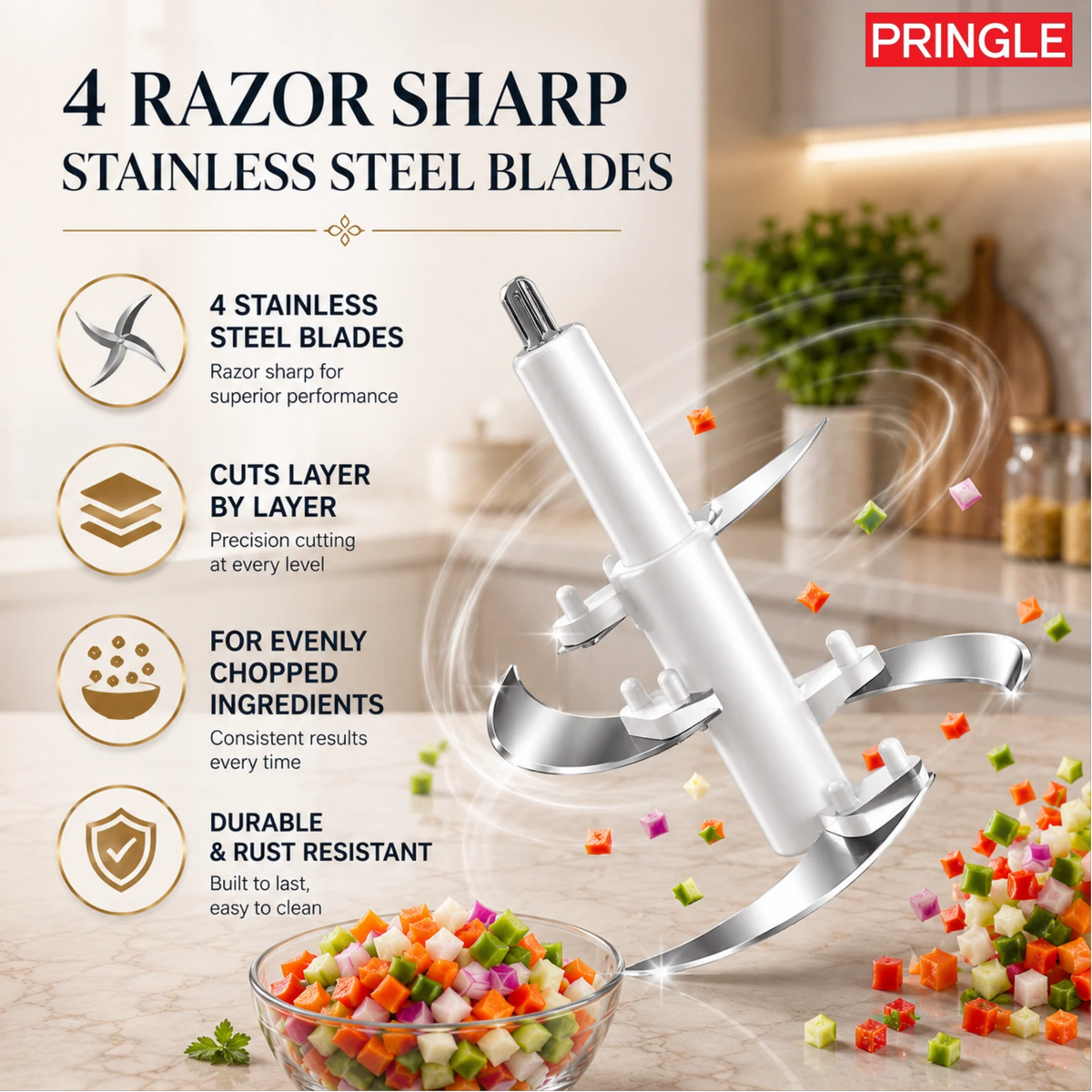 Pringle QuadMax Electric Vegetable & Meat Chopper, 3 Litre Stainless Steel Bowl (3 Speed Settings, 4 Stainless Steel Blades)