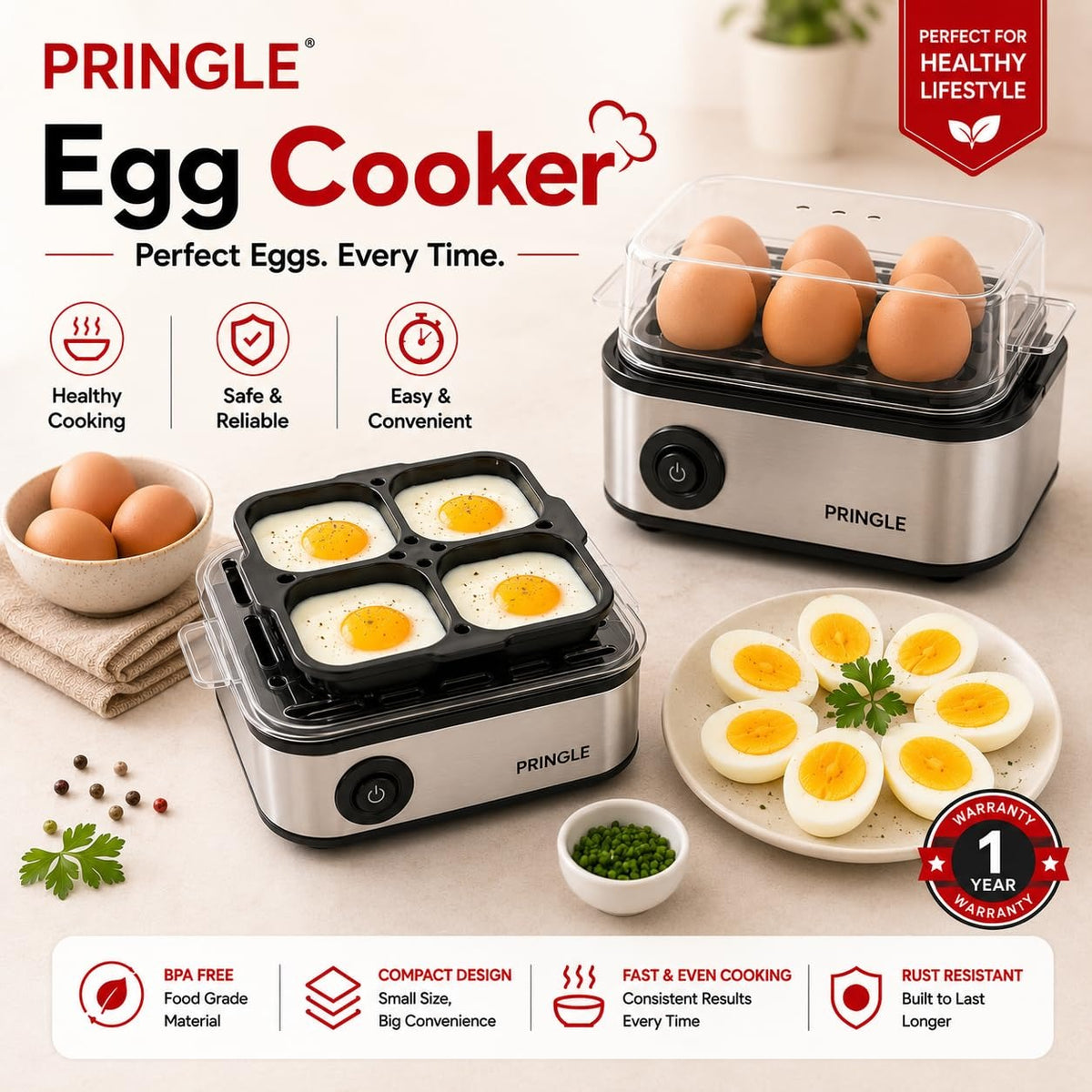 Pringle 2-in-1 Egg Boiler & Poacher (6 Egg Capacity & 4 Egg Poacher, 550W)