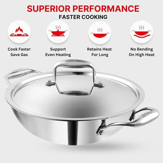 Vinod Platinum Triply Stainless Steel Kadai with Lid, Induction Friendly (12 L)