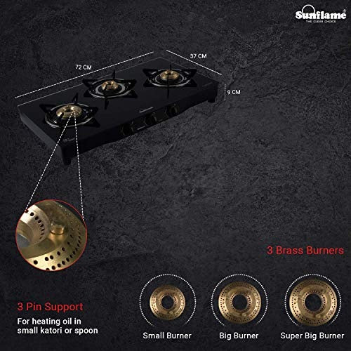 Sunflame Centa Glass Top Gas Stove (3 Burner, Auto Ignition)