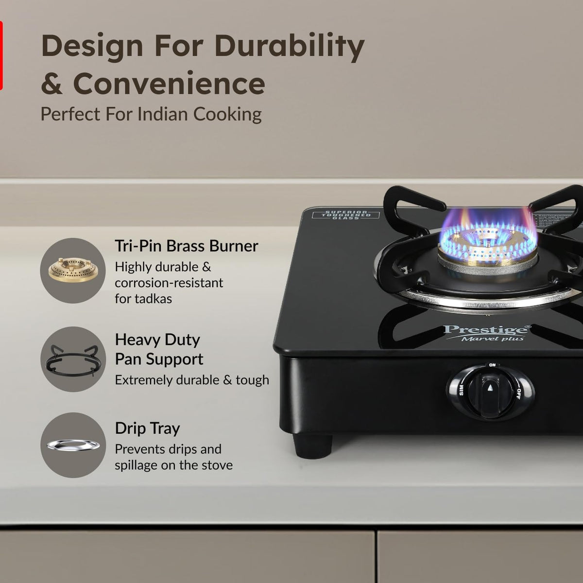 Prestige Marvel Plus Glass Top Gas Stove (1 Burner, Manual Ignition)