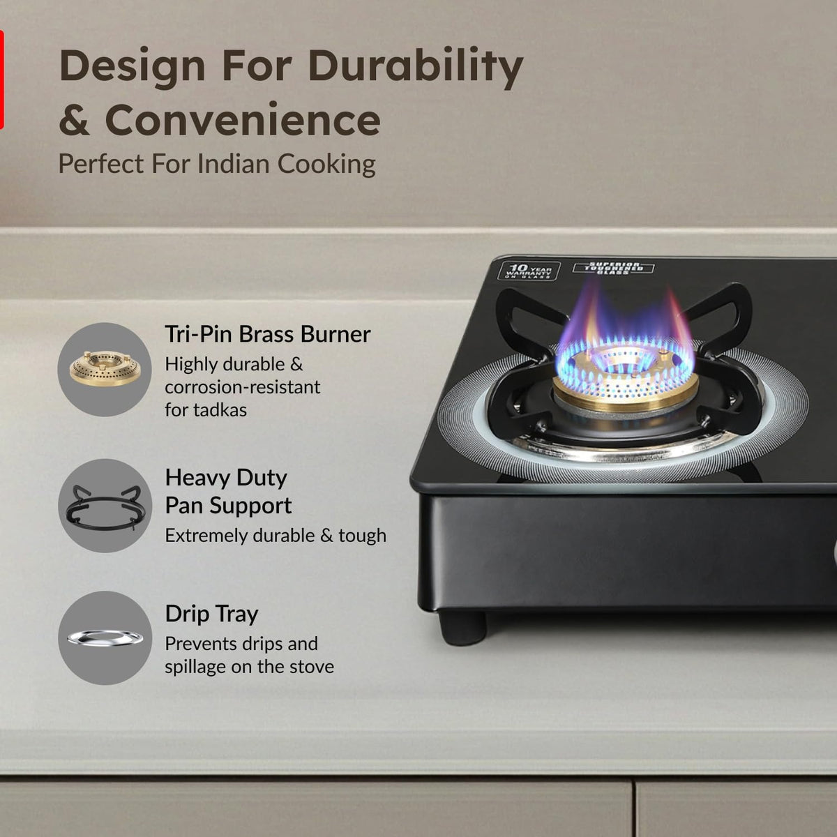 Prestige Royale Plus Glass Top Gas Stove (3 Burner, Manual Ignition)