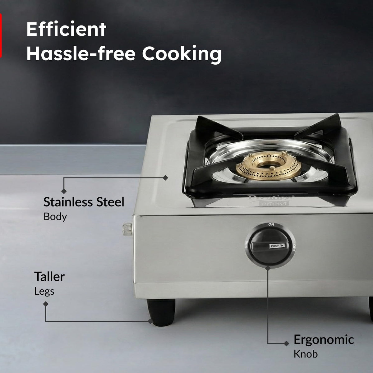 Prestige Prithvi Stainless Steel Gas Stove (1 Burner, Manual Ignition)