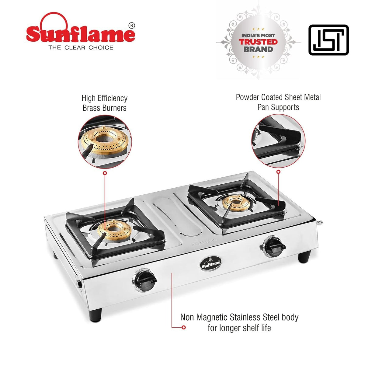 Sunflame Shakti Stainless Steel Gas Stove (2 Burner, Manual Ignition)