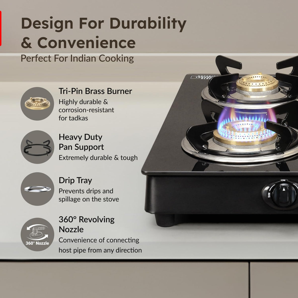 Prestige Marvel Plus Glass Top Gas Stove (4 Burner, Manual Ignition)