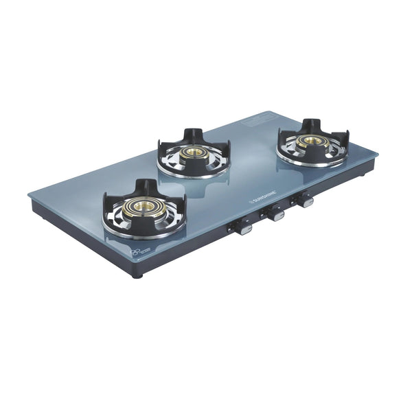Sunshine Royal Blue Toughened Glass Gas Stove (3 Burner, Manual Ignition)