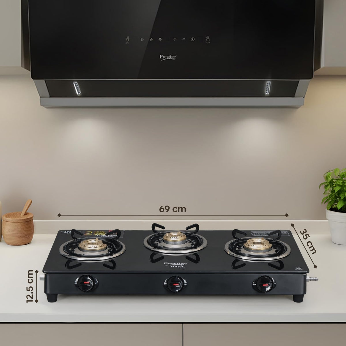 Prestige Magic Plus Glass Top Gas Stove (3 Burner, Manual Ignition)