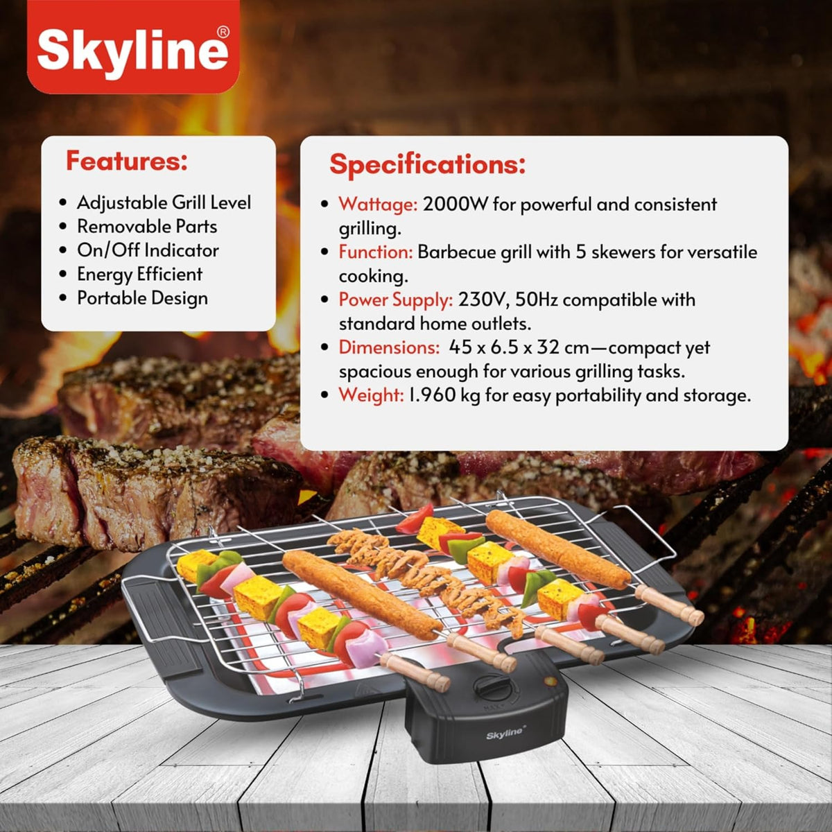 Skyline VTL-4545 Barbeque Grill (Black, 2000W)
