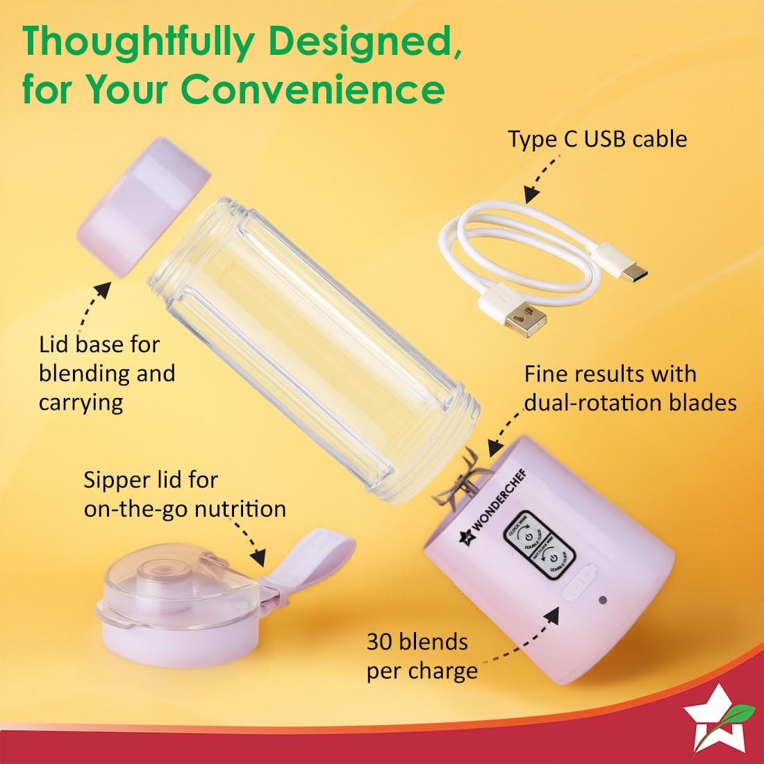 Wonderchef Twister Portable Blender (Lavender, 500ml)