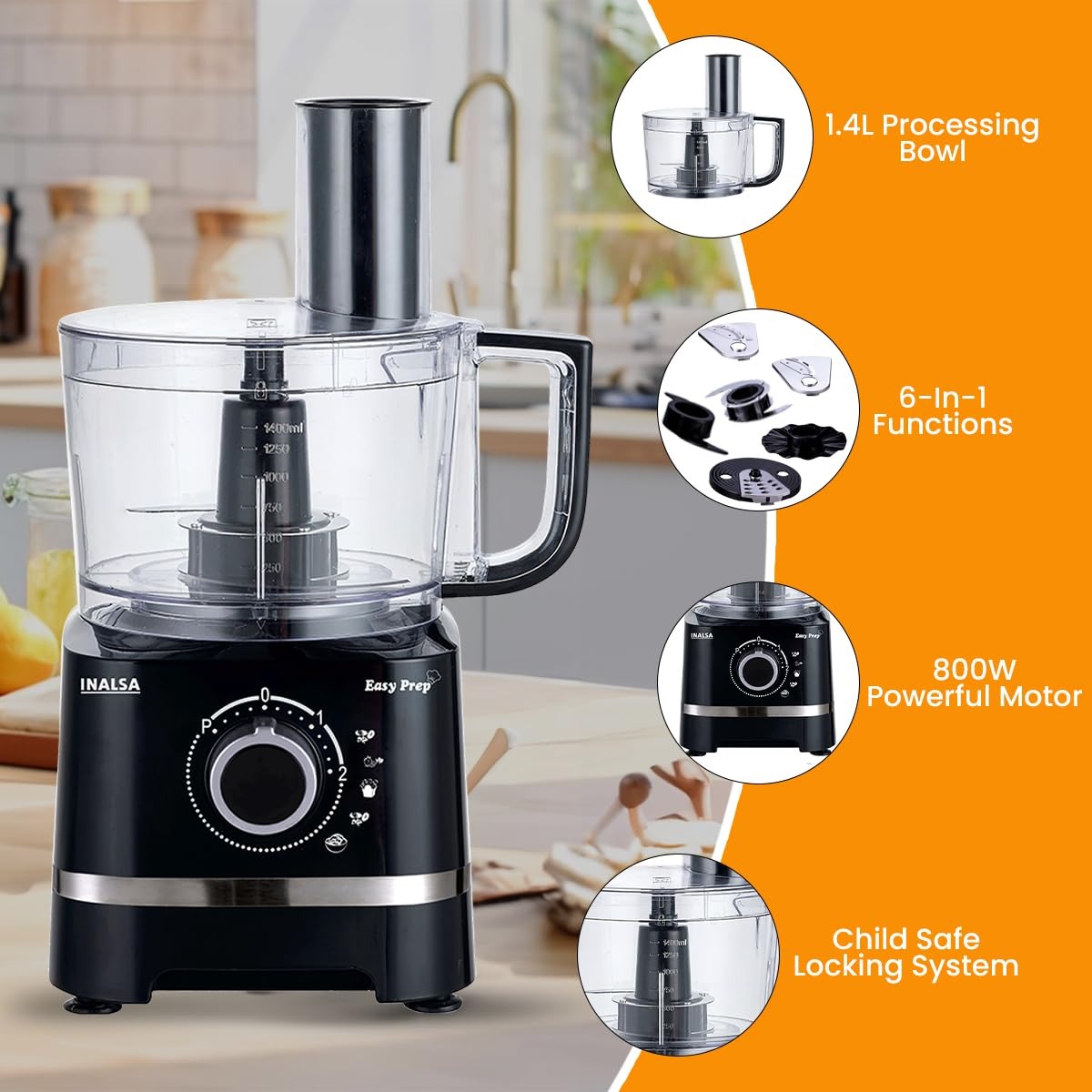 Inalsa Easy Prep Food Processor with Atta Kneader (Black, 1.4 Litre)