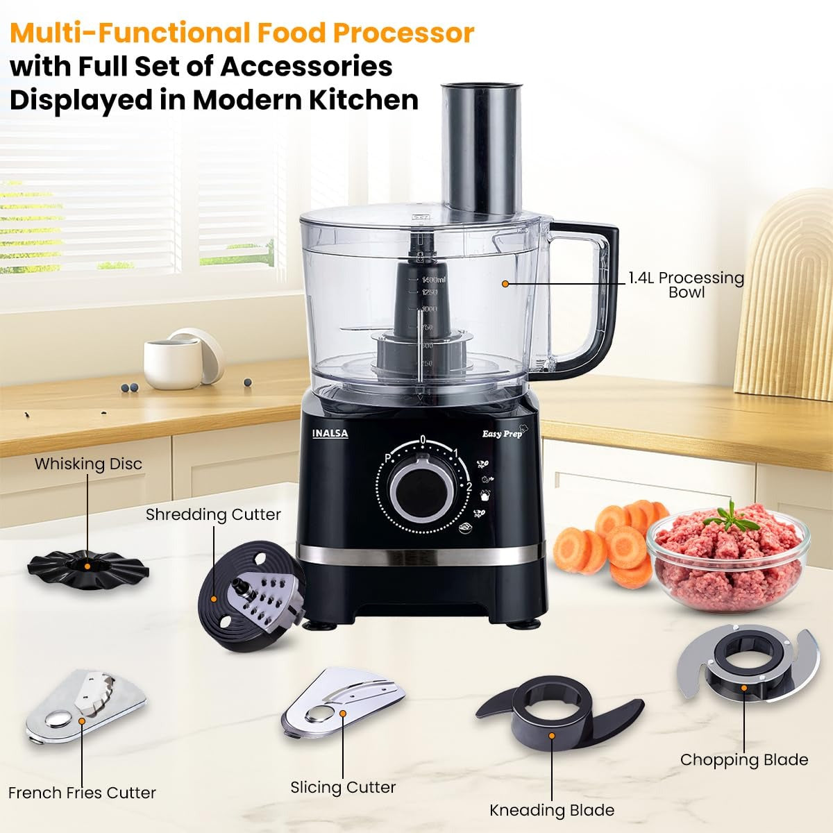 Inalsa Easy Prep Food Processor with Atta Kneader (Black, 1.4 Litre)