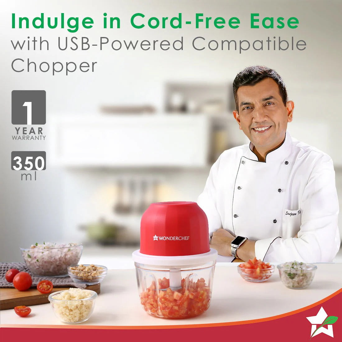 Wonderchef Zippy Cordless Electric Chopper (Red, 350ml)