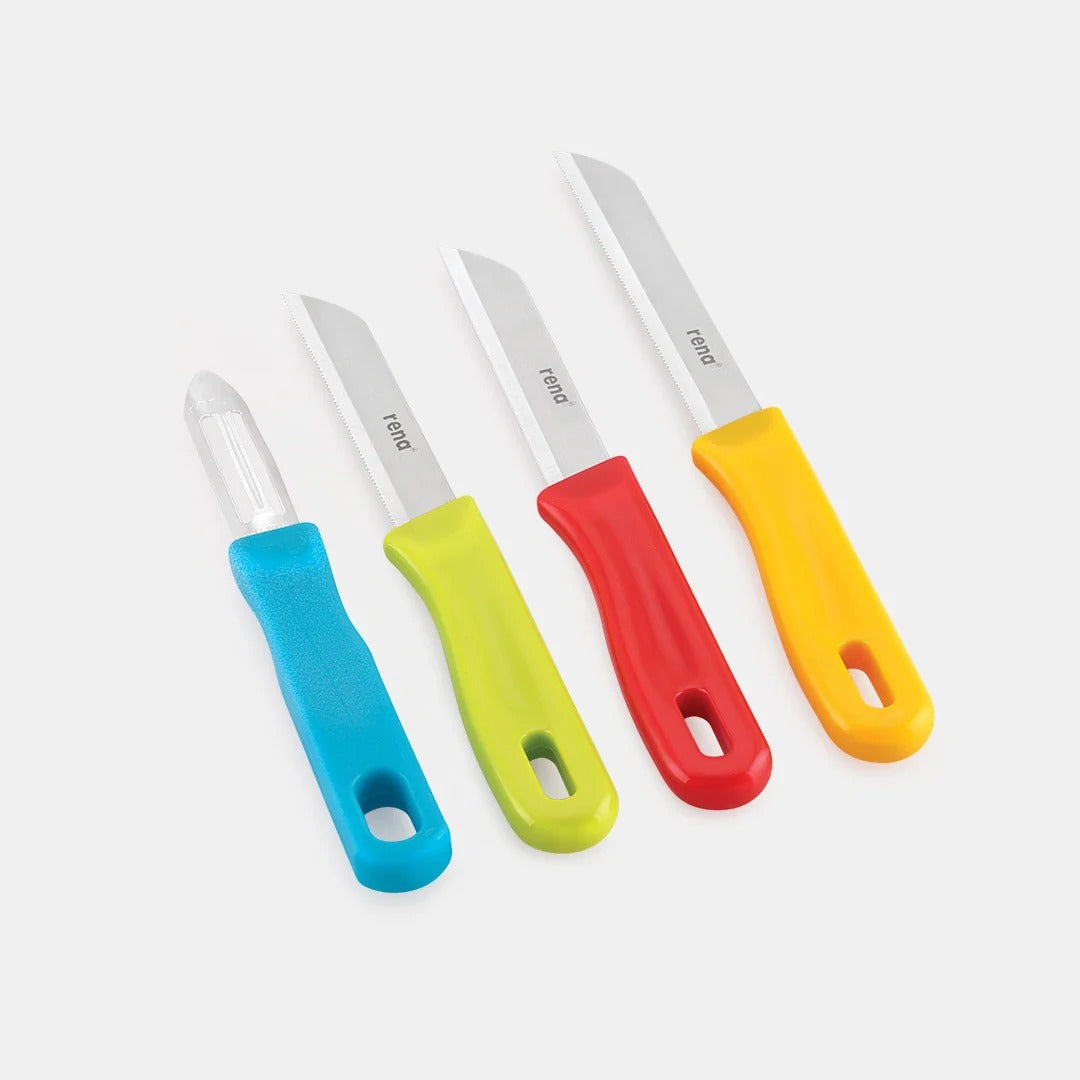 Rena 4 Pcs Knife Set, 3 Stainless Steel Kitchen Knives + 1 Peeler (Made in India)