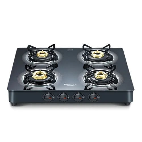 Prestige Royale Plus Glass Top Gas Stove, Powder Coated Body (4 Burner, Manual Ignition)