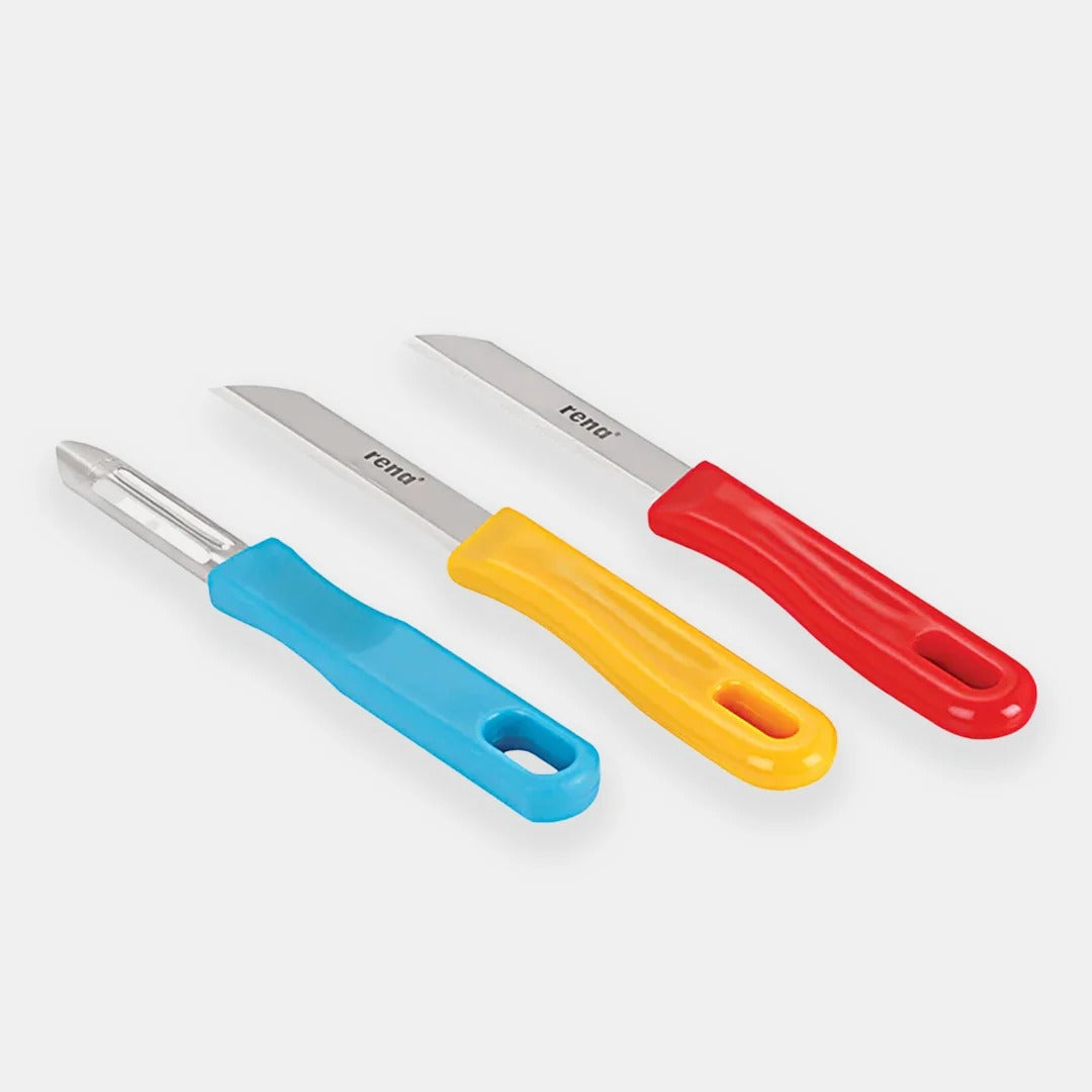 Rena 3 Pcs Knife Set, 2 Stainless Steel Knives + 1 Peeler, Plain & Serrated Blades (Made in India)