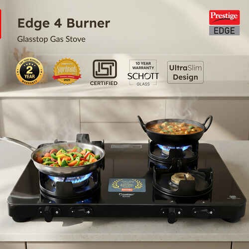 Prestige Edge Glass Top Gas Stove, Powder Coated Body with Aluminium Frame (4 Burner, Manual Ignition)