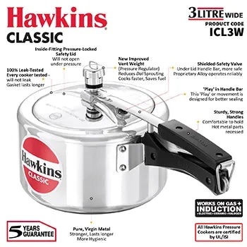 Hawkins Classic Induction Wide Pressure Cooker (3 Litre, Aluminium Inner Lid Cooker) (ICL 3W)