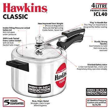 Hawkins Classic Induction Pressure Cooker (4 Litre, Aluminium Inner Lid Cooker) (ICL 40)
