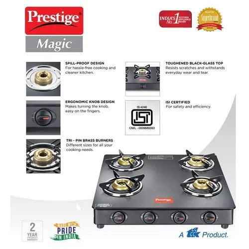 Prestige Magic Glass Top Gas Stove (4 Burner, Powder Coated Body)