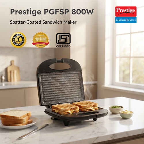 Prestige PGFSP Spatter Coated Non-Stick Sandwich Toaster (Black, 800W)