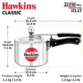Hawkins Classic Induction Pressure Cooker (2 Litre, Aluminium Pressure Cooker) (ICL 2T)
