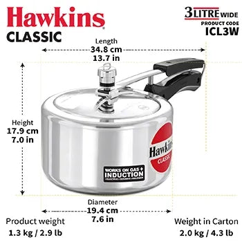 Hawkins Classic Induction Wide Pressure Cooker (3 Litre, Aluminium Inner Lid Cooker) (ICL 3W)