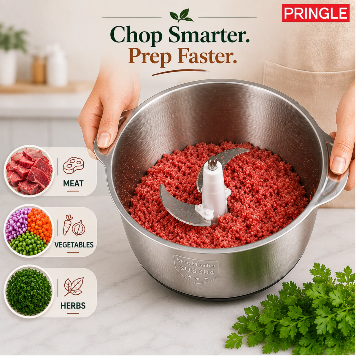 Pringle QuadMax Electric Vegetable & Meat Chopper, 3 Litre Stainless Steel Bowl (3 Speed Settings, 4 Stainless Steel Blades)
