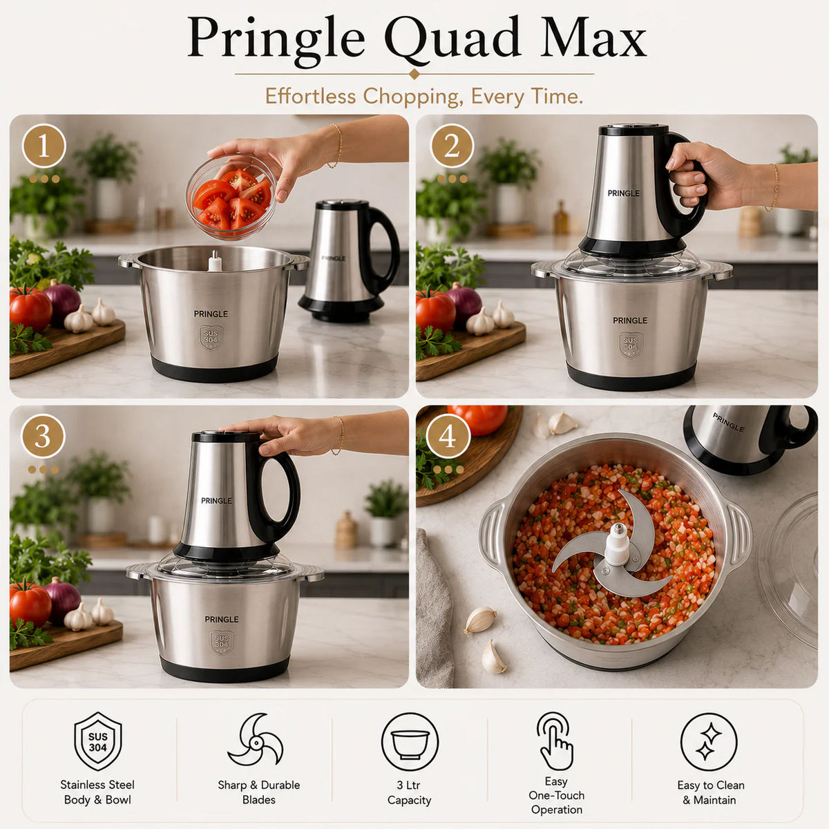 Pringle QuadMax Electric Vegetable & Meat Chopper, 3 Litre Stainless Steel Bowl (3 Speed Settings, 4 Stainless Steel Blades)